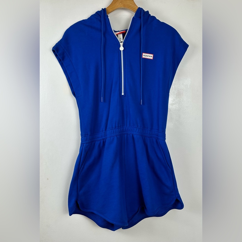 Hunter Target Blue Hooded Romper XS Zip Front Pockets Shorts Athleisure Women